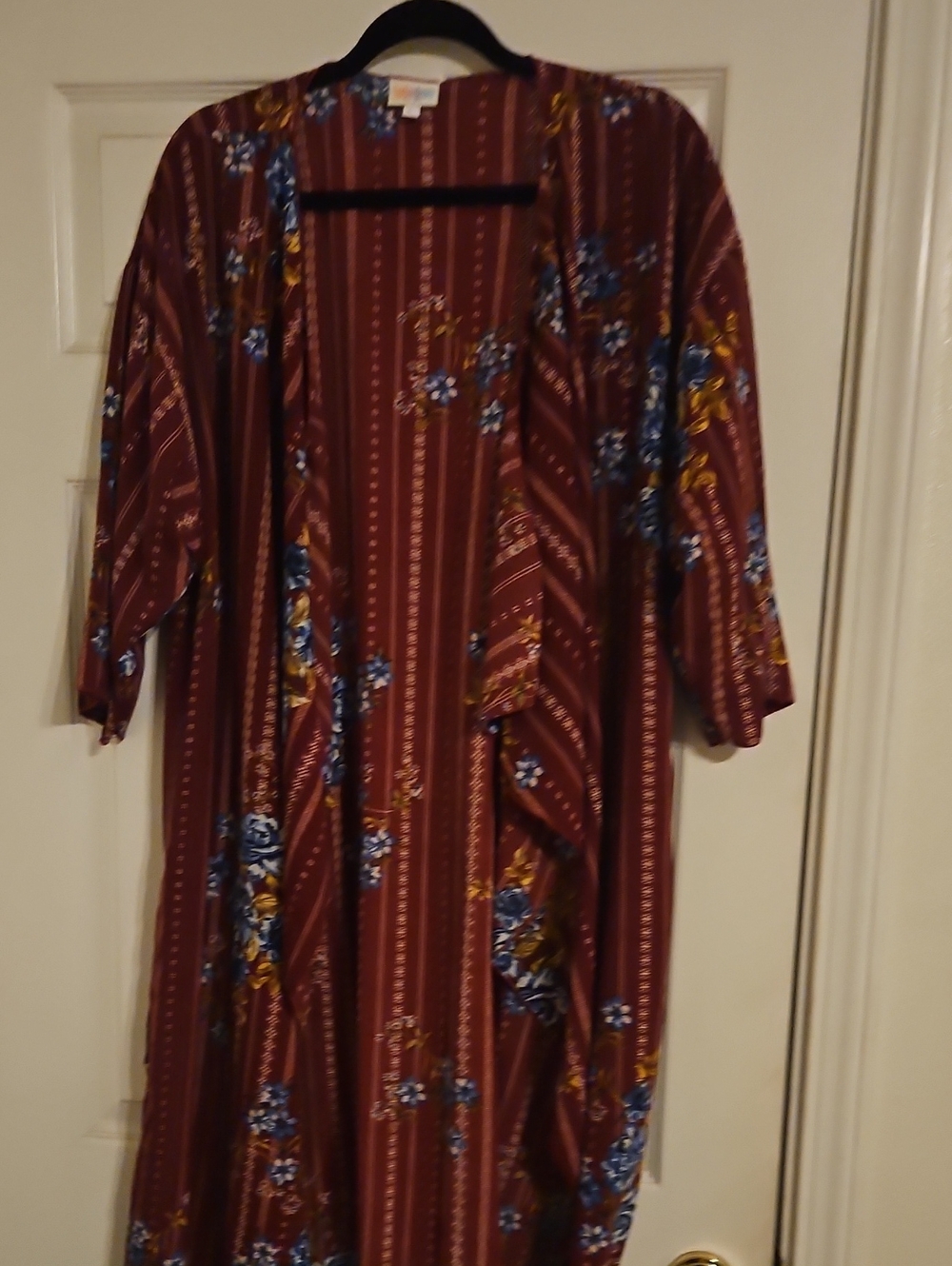 LuLaRoe Maroon Kimono with Blue & Gold Floral Print